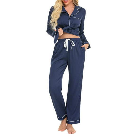 Pajamas for Women Set Silk Comfy Long Sleeve Pants Suit With Crepe Edge Lapel Homestay Pjs Sets Sleepwear Navy 2XL