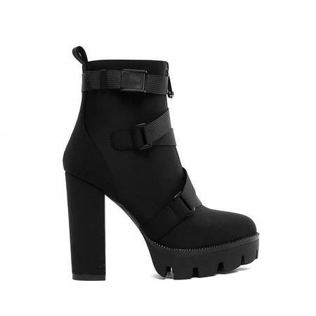 

DETOGNI Women s Fashion Platform Block High Heel Booties Buckle Strap Zipper Lycra Ankle Boots