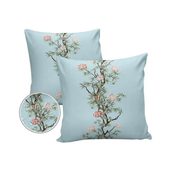 Pack of 2 Outdoor Pillow Covers, Spring Flower Leaves Vine Pattern Blue Waterproof Square Throw Pillowcase Cushion Decorative Pillow Covers for Couch Patio Tent, 26x26 in