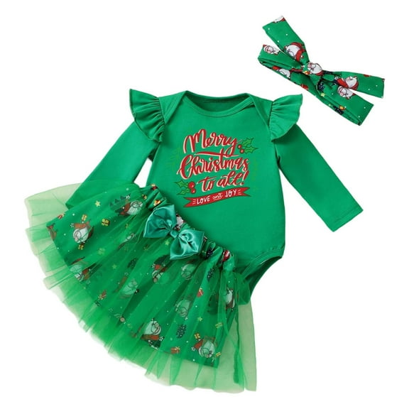 Tfken Christmas Outfits Sets For Child Girls Crew Neck Long Sleeve Letter Print Romper Dress Flutter Casual Outfit Set Green Size 1-3 Months