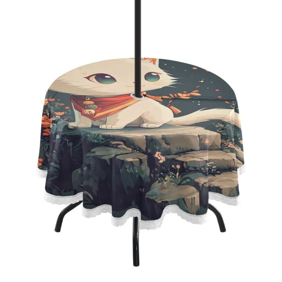 Round Tablecloth 60*60 Inches Round Tablecloth Outdoor Style Tablecloth With Umbrella Holes Tablecloth Outdoor Suitable For Kitchens and Dining Rooms Moon Cat