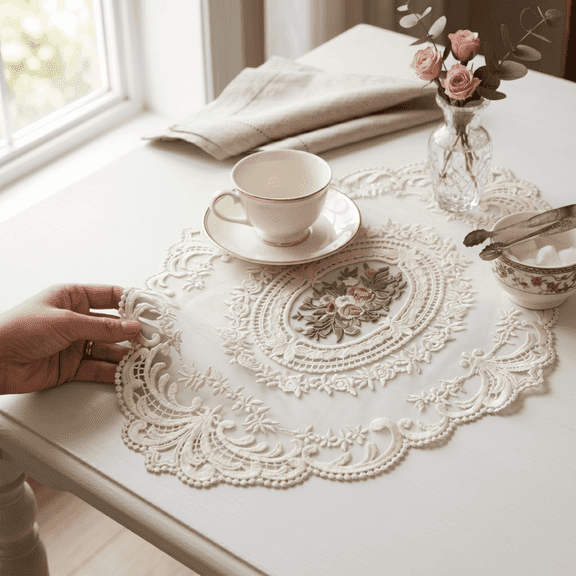 Retro Lace Placemats, 12 x 16 Inch French Crochet Doilies, Handmade Embroidered Beige Table Mats for Dining Table Wedding Christmas Home Decor, 2 Pack