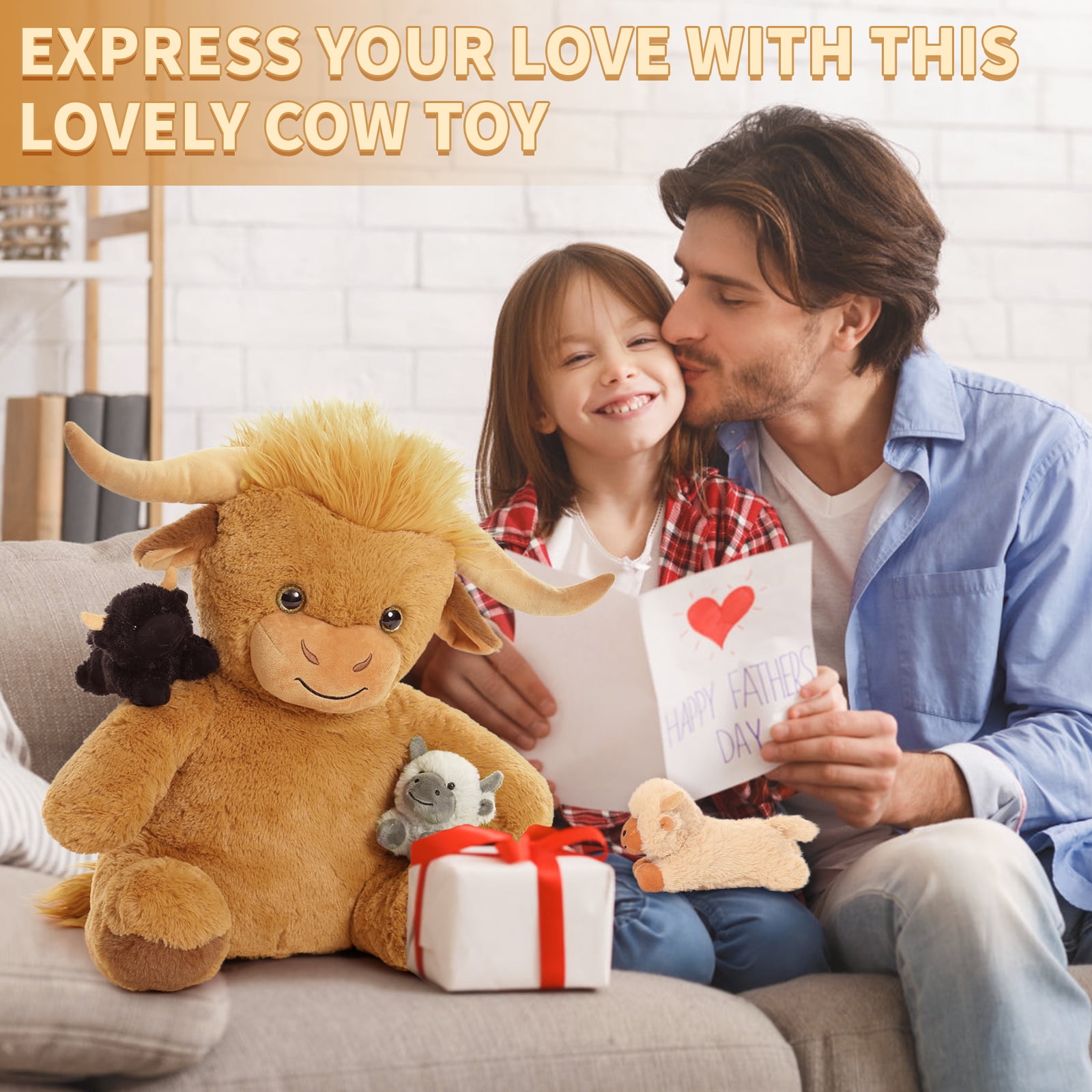 MorisMos 18'' Highland Cattle Stuffed Animal Soft Stuffed Highland Cow Plush Mommy and 3 Babies