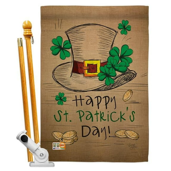 Breeze Decor BD-SA-HS-102031-IP-BO-D-US16-BD 28 x 40 in. Vertical St Pats Hat Spring Patrick Impressions Decorative Double Sided House Flag Set with Pole & Bracket Hardware