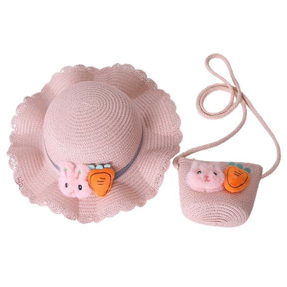56-58cm hat circumference female summer sun hat rabbit radish sunscreen sunshade straw hat and straw bag set - pink