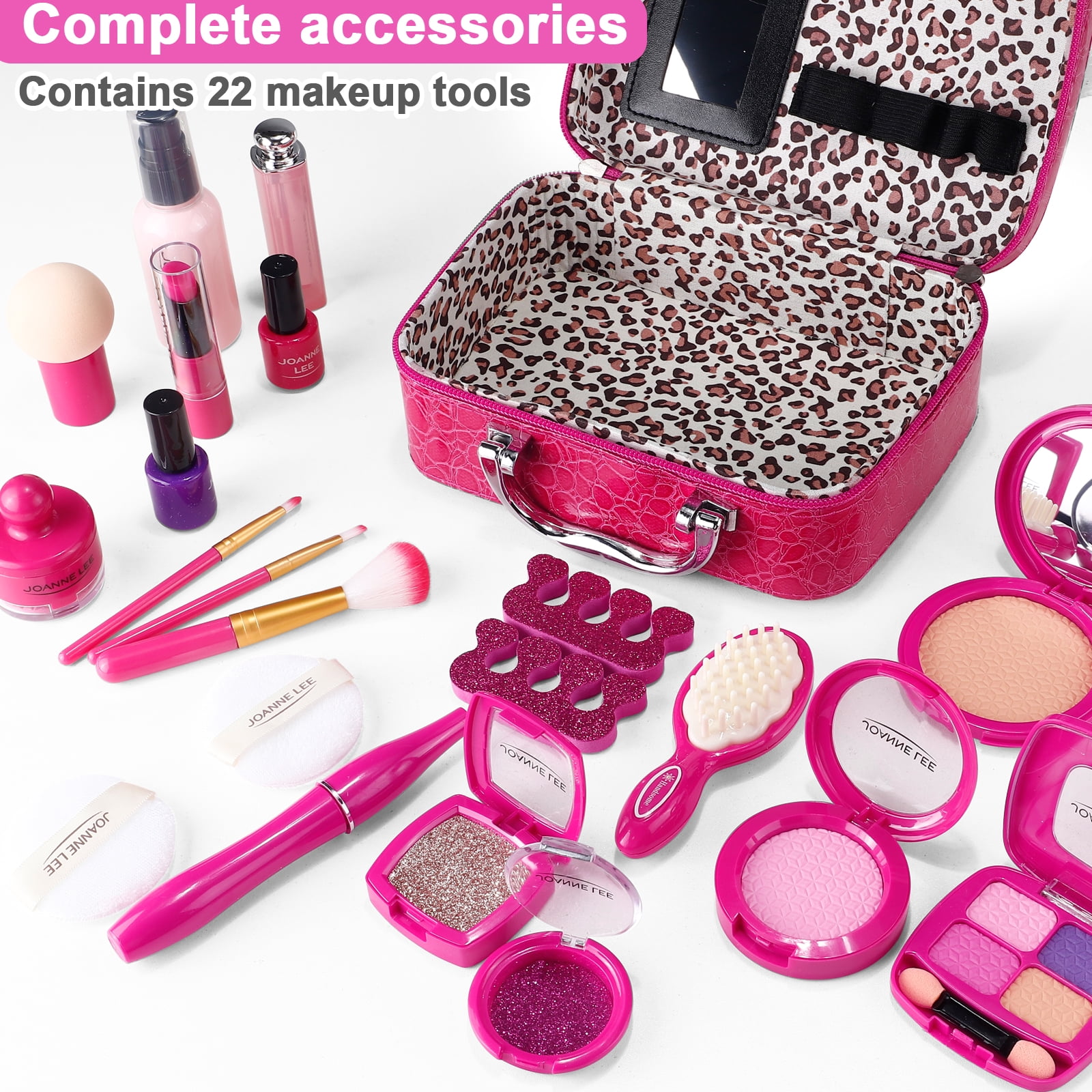 Kids Pretend Makeup Kit with Cosmetic Bag for Girls 3-10 Year Old -  Including Pink Brushes,Eye Shadows, Lipstick,Mascare,Gittler Pot, Liquid