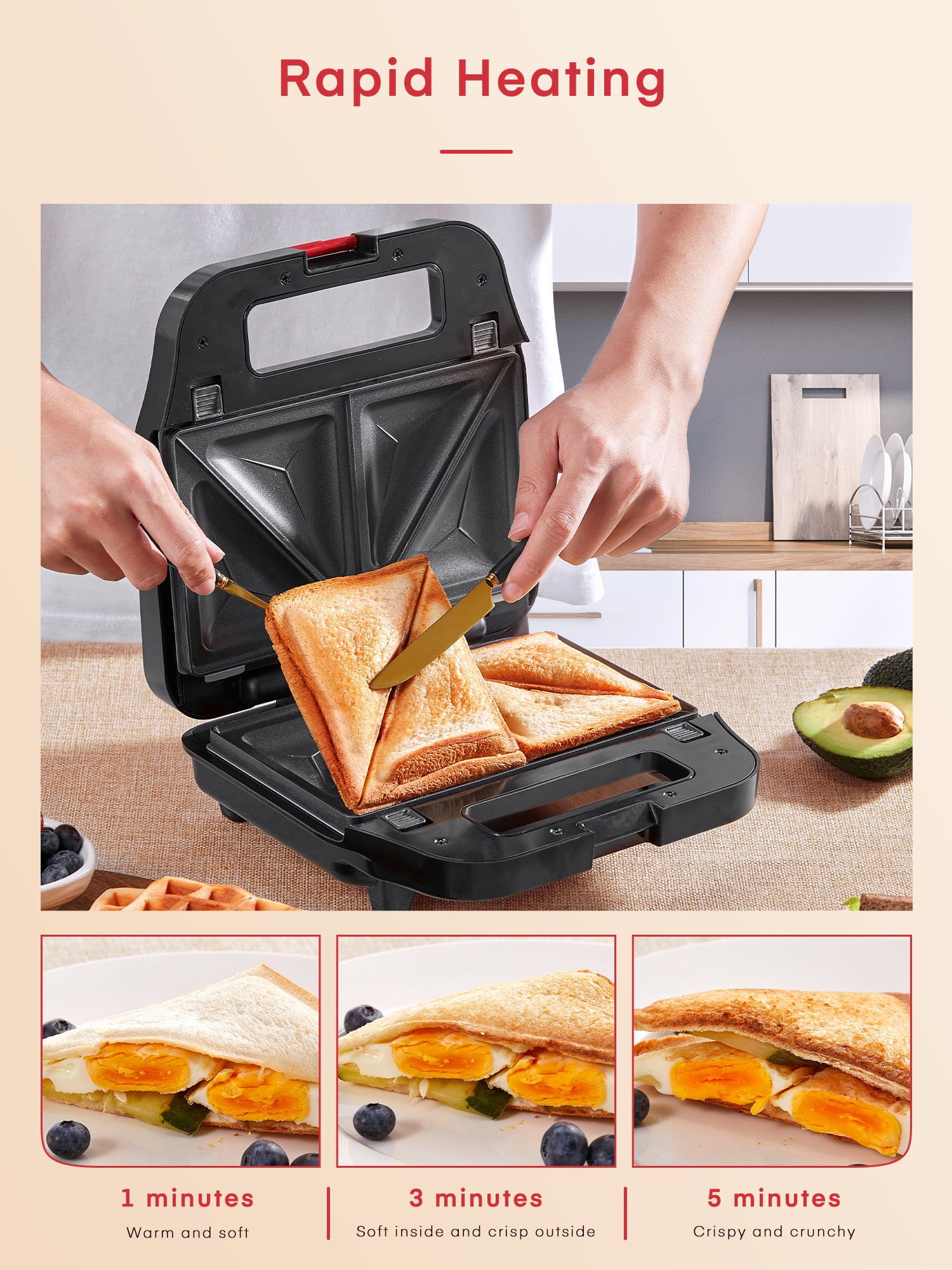 Innoteck Kitchen Pro 3 in 1 Sandwich Maker For Family Size 4 Slices Waffles Sandwiches and Grilling Modern Diamond Pattern Design with 3 Detachable Non-stick plates 