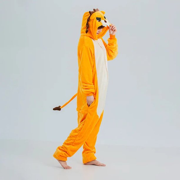Onesie De León de lana para hombres y mujeres, pijamas cálidos de una pieza para adultos, disfraz de Halloween, Navidad, Animal de dibujos animados, Invierno