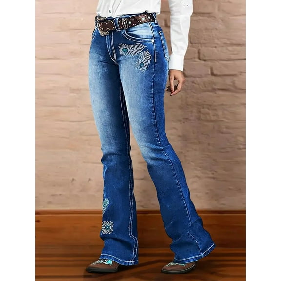 ROAD MARKINGS Women's Flare Jeans with Peacock Feather Embroidery, High Rise Boot Cut Denim Pants, Blue (US, Alpha, Small, Regular, Regular, Blue)