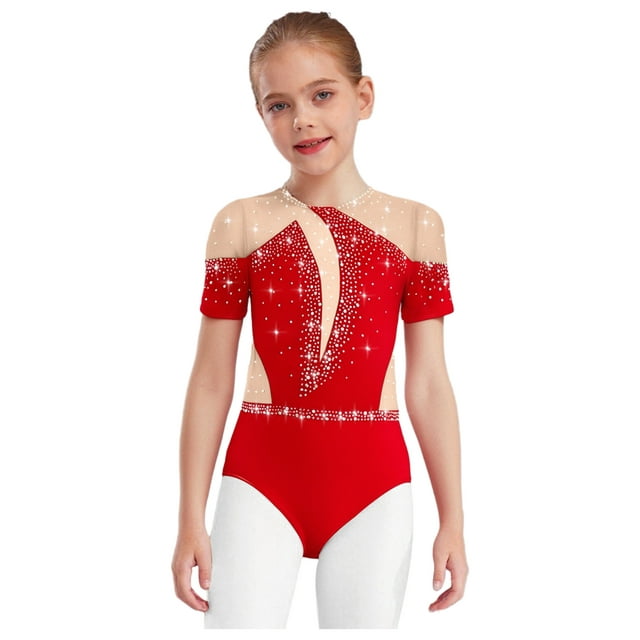 vastwit Combinaison de Danse Ballet à Manches Courtes avec Strass pour Filles, Rouge 10