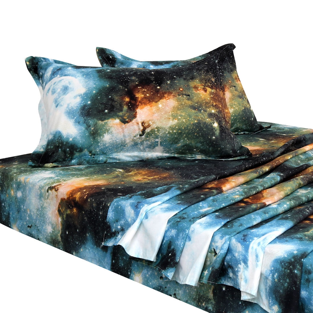 Unique Bargains Galaxy Print Bed Sheets Pillow Cases Bedding Set Green