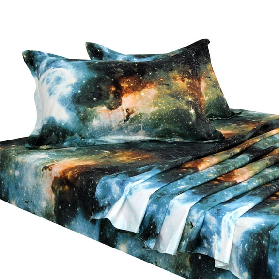 Unique Bargains Galaxy Print Bed Sheets Pillow Cases Bedding Set Green Full