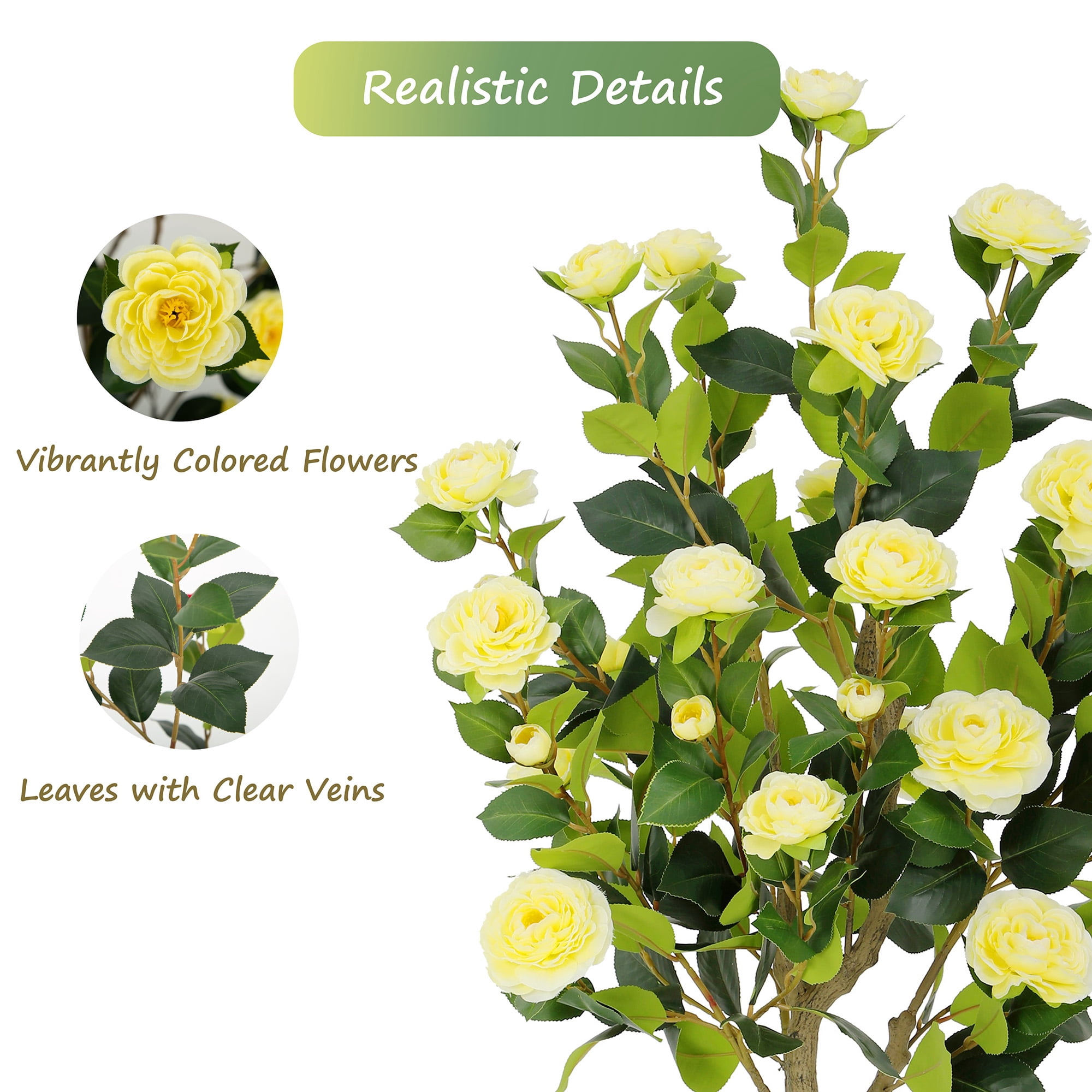 RosyHaven 4ft 2pack Artificial Camellia Tree with Realistic Yellow Flowers, 48"Lifelike Faux Flower Treewith Blooming Fake Flowers for Front Door Porch Patio Garden Yard Poolside Living Room Decor
