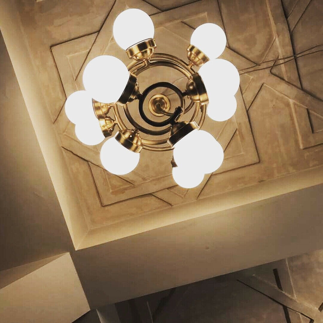 Vintage Art Deco Fixture Ceiling Brass Hanging 12 Light Milk Glass Shade Lamp