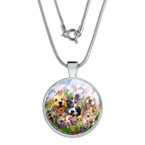 Backyard Animal Pals Selfie Dogs Cats Hamster Frog 1" Pendant with Sterling Silver Plated Chain