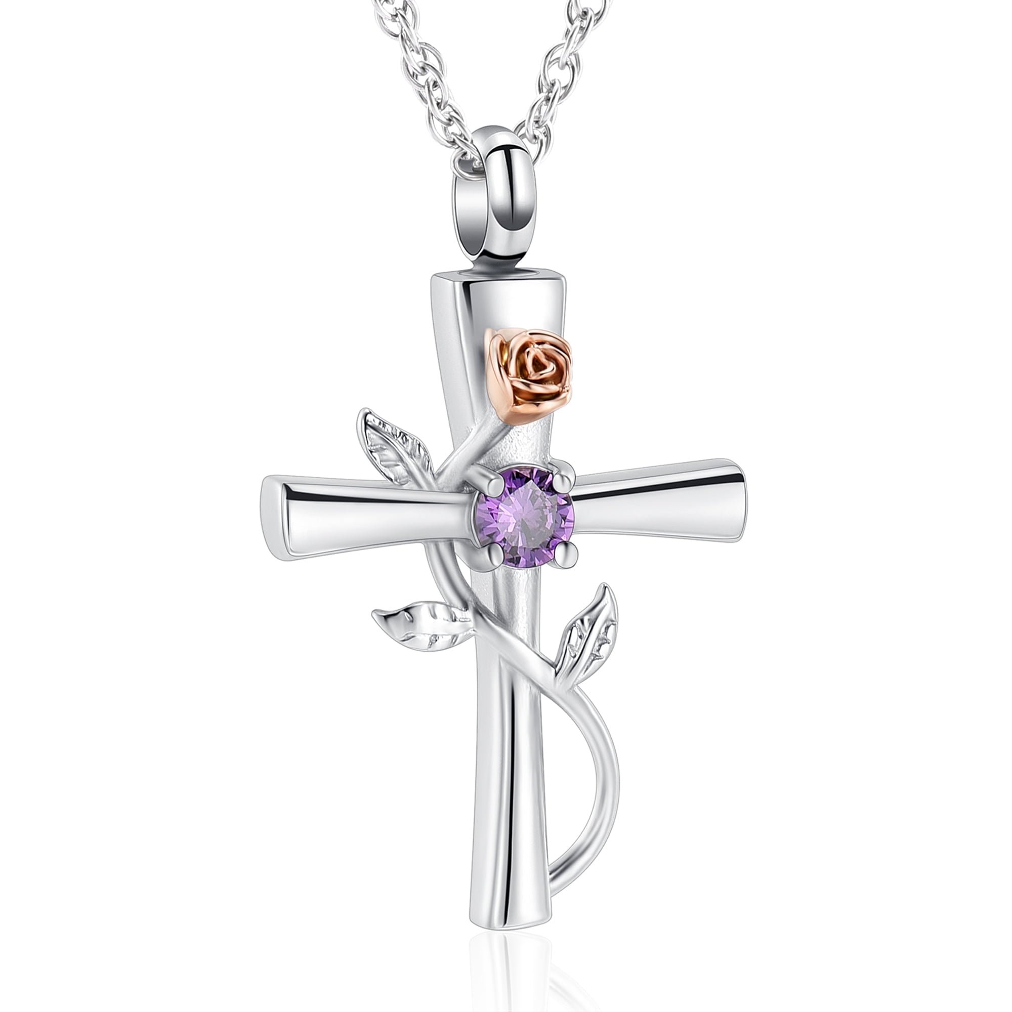 Cross Rose Flower Urn Necklace for Ashes for Women Simulated Birthstone Cremation Jewelry Keepsake Memorial Pendant for Loved One