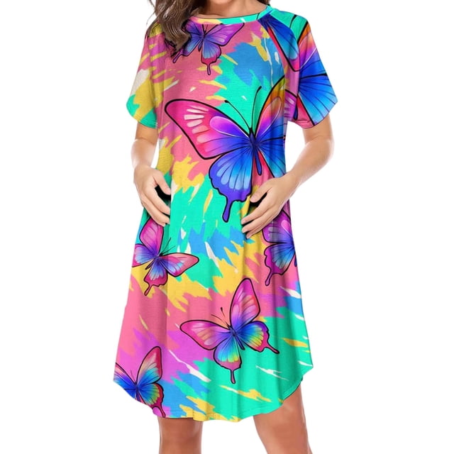 YUNAFFT Robe de Maternité et d'Allaitement à Fermeture Éclair Latérale, Manches Courtes, Col Rond, Tenue de Nuit Décontractée, Imprimé Multicolore, Tailles P-TTG