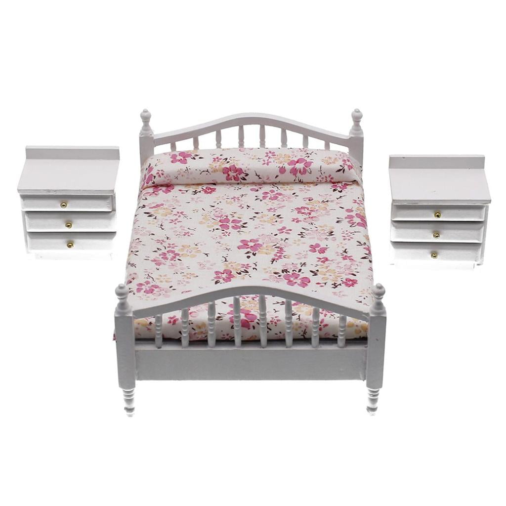1/12 Dollhouse Miniatures Mini Furniture Set Double Bed & Nightstand Accs 