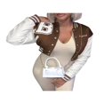 thumbnail image 3 of Women‘s Crop Baseball Jacket Casual Retro Varsity Coat Letters Embroidery Button-Down Baggy Bomber Jacket, 3 of 6