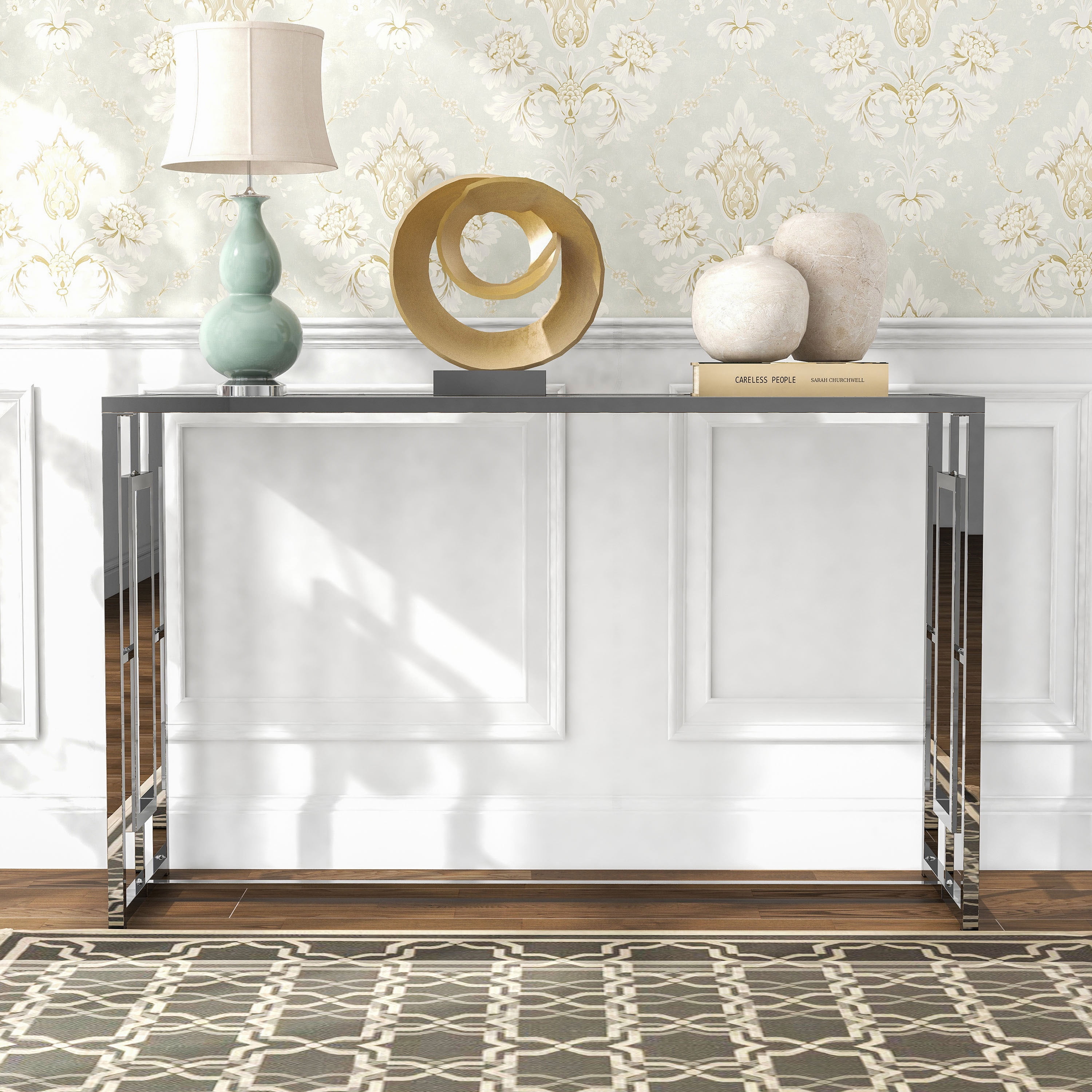 Furniture of America Kora Water Ripples Pattern Glass Top and Metal Chrome Sofa Table