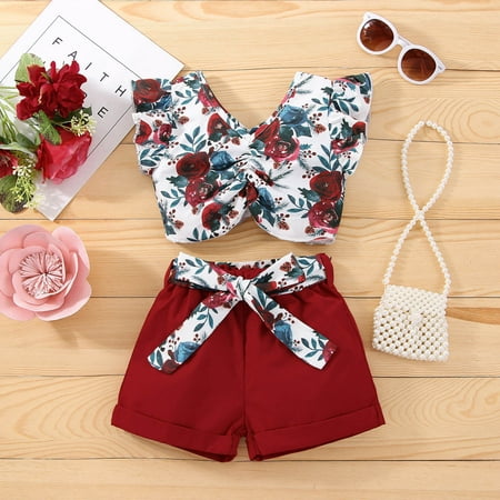 

Leutsin Baby Boys Short-Sleeve Bodysuit Toddler Baby Girls Fashion Cute Flowers Print Pleated Flying Sleeves Top Belt Shorts Suit
