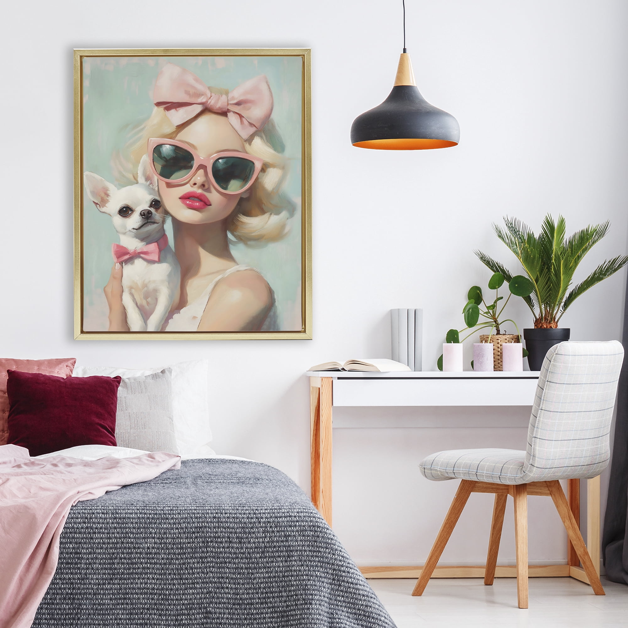 Stupell Industries Girl with Chihuahua Gold Framed Floater Canvas Wall Art, design by The Prints Vibe