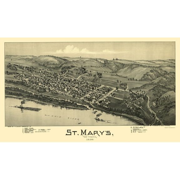 Historic Panoramic View - St Marys West Virginia - Fowler 1899 - 23 x 39.46 - Vintage Wall Art