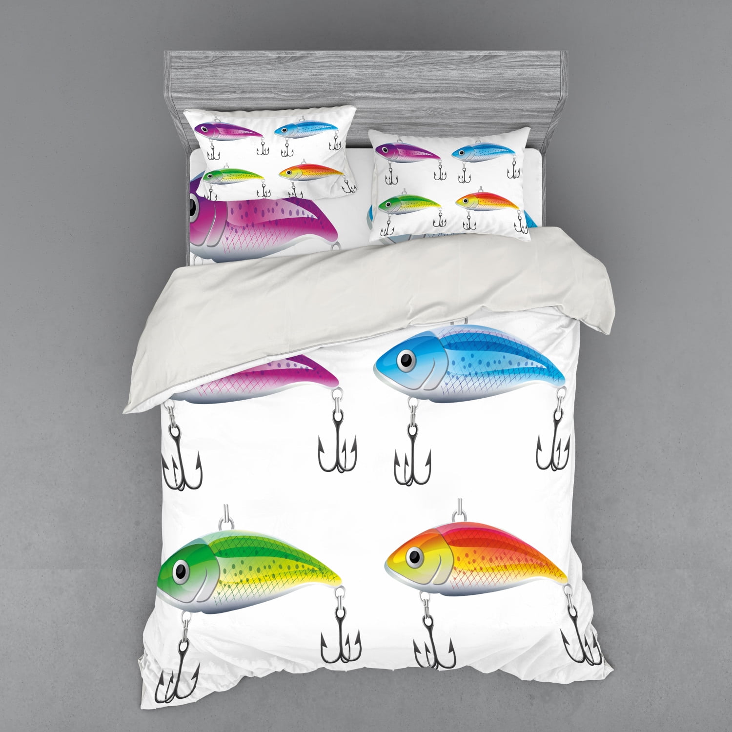 Fishing Duvet Cover Set, Composition of Fishing Lures in Trout Shape