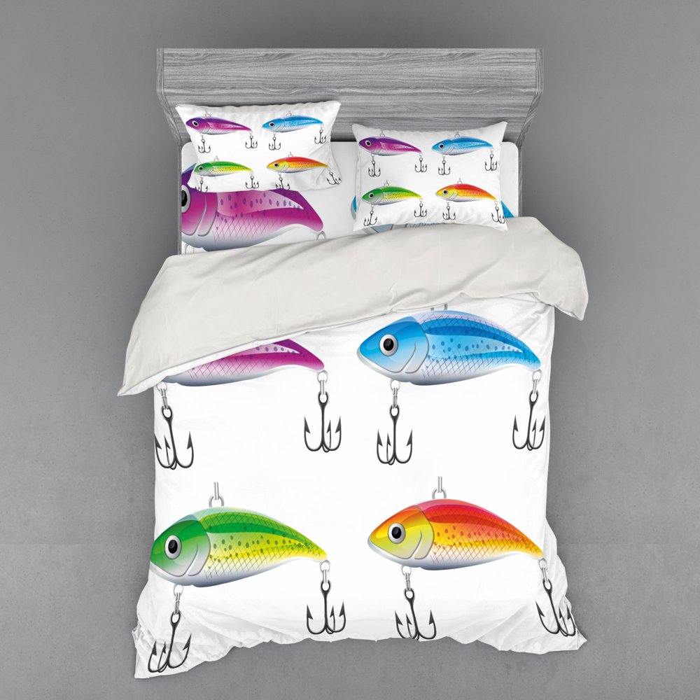 Fishing Duvet Cover Set, Composition of Fishing Lures in Trout Shape