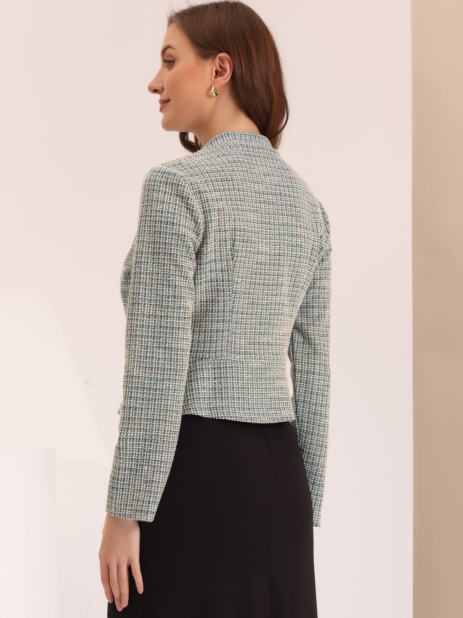 DARING DIVA Women's Elegant Stand Collar Business Plaid Tweed Blazer L Beige