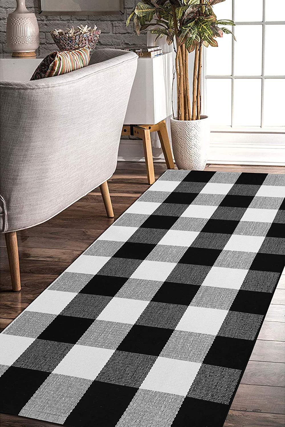 23.6x51 Christmas-Deacortive Indoor/Outdoor Rugs for Layered-Washable Carpet for Front Porch/Kitchen Cotton-Checkered-Doormats Buffalo-Plaid-Rug Black/White Plaid