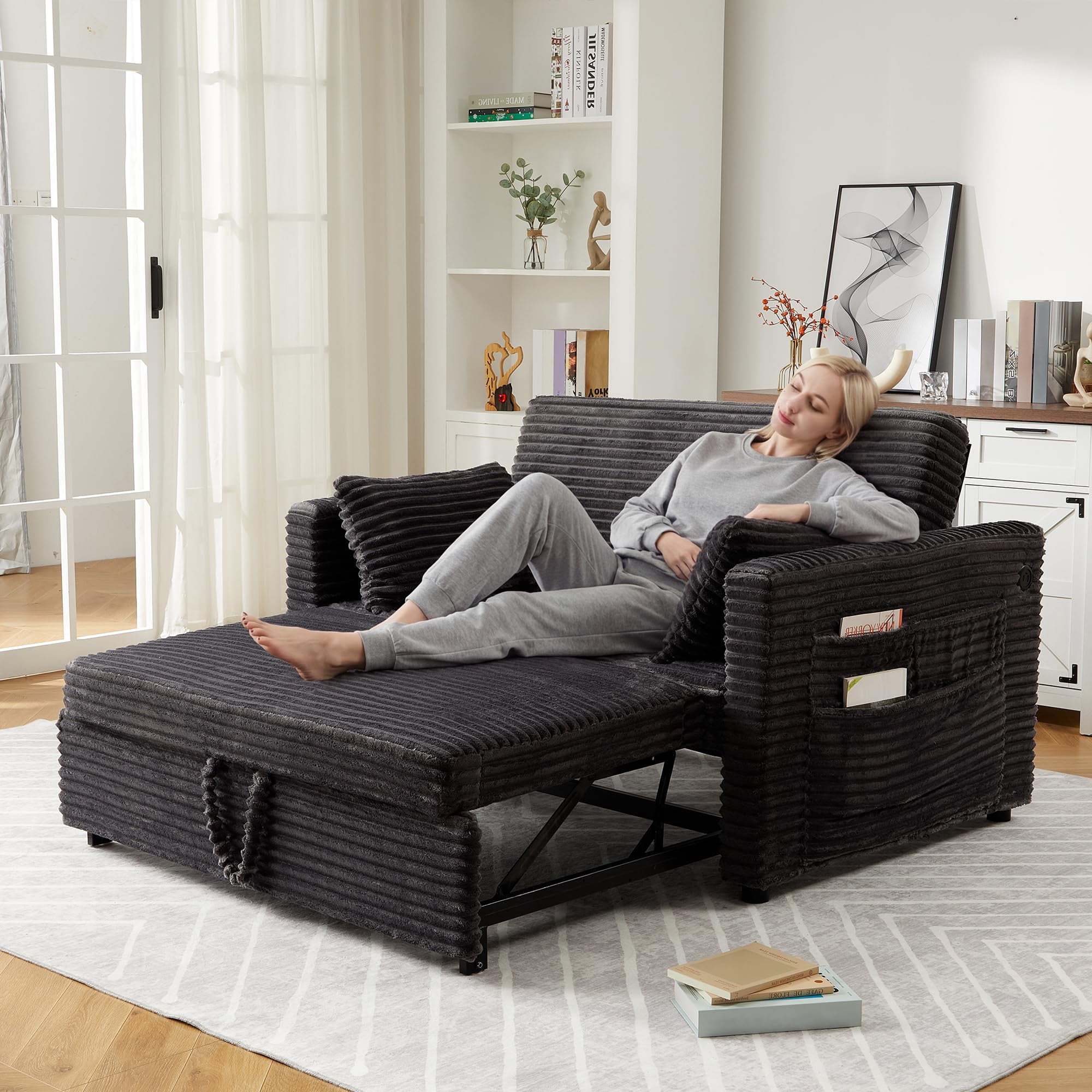 48'' Corduroy Loveseat Sleeper Sofa Bed with Pull-Out Bed, Adjustable Backrest & Charging Ports for Living Room, Bedroom & Apartment