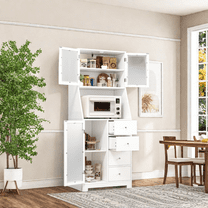 MIDODO 64'' Tall Kitchen Storage Cabinet, Freestanding Kitchen Hutch with Microwave Stand, Pantry Cabinet with Adjustable Shelves