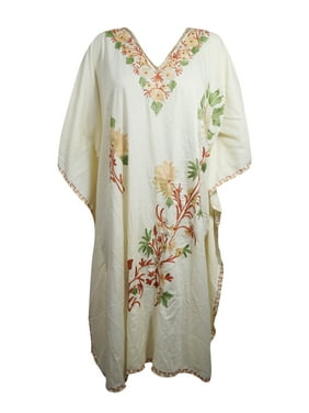 Mogul Women Kaftan Dress, Off White Boho Embroidered Kimono Cotton Caftan, Housedress, Fall Fashion 3XL