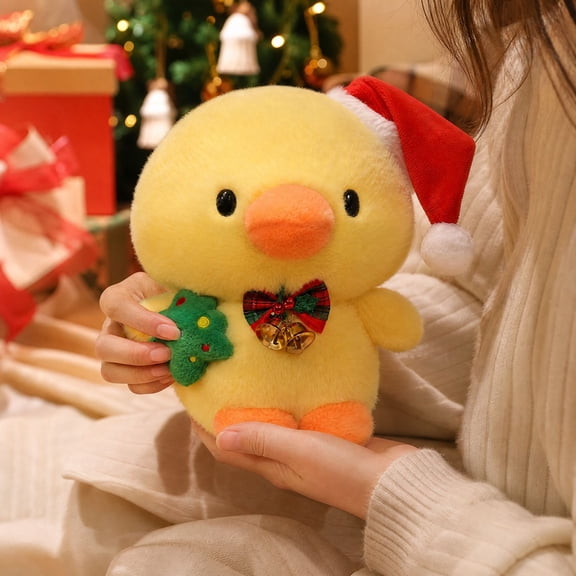 Christmas Duck Plush Toy Stuffed Animal with Santa Hat Bow and Bell Soft Cartoon Duck Doll Holiday Decor Gift