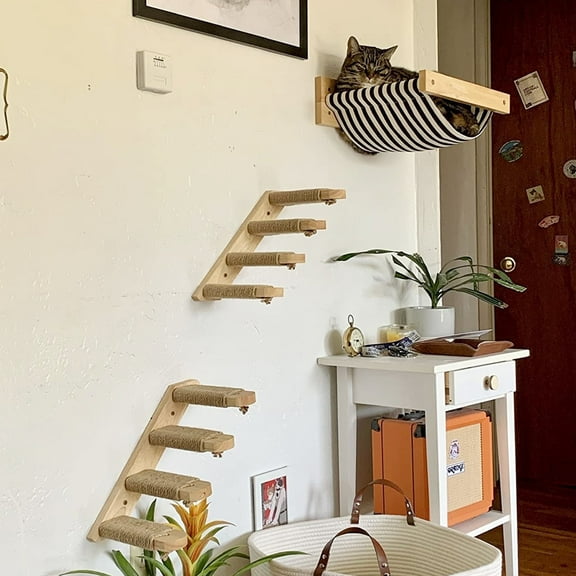 QLFYUU Cat Hammock with Two Stairways Set Beige Wooden Cats Wall  Bed Shelves for Sleeping Climbing