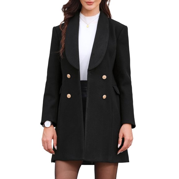 DARING DIVA Women's Double Breasted Shawl Collar Long Coat With Pockets XS Black