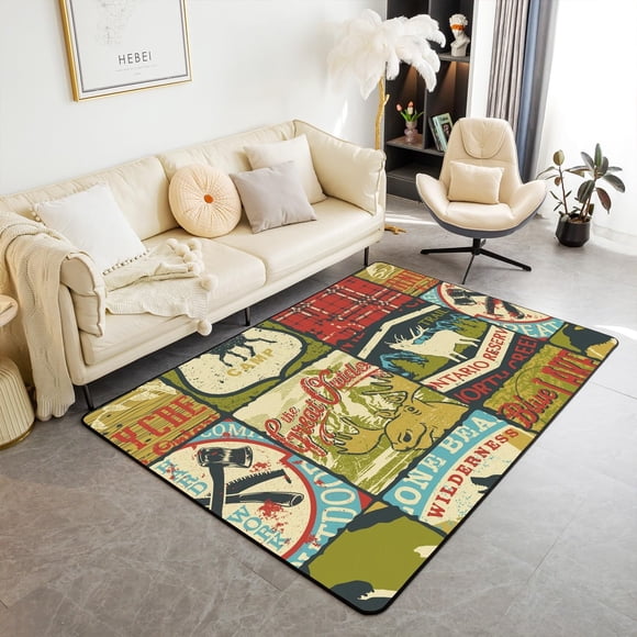Hunting Bear Area Rugs for Bedside Living Room, Rustic Farmhouse Rug Kids Cabin Lodge Decor, Vintage Woodland Wildlife Moose Carpet, Retro Buffalo Plaid Decorative Washable Rug, Yellow Red, 5x7