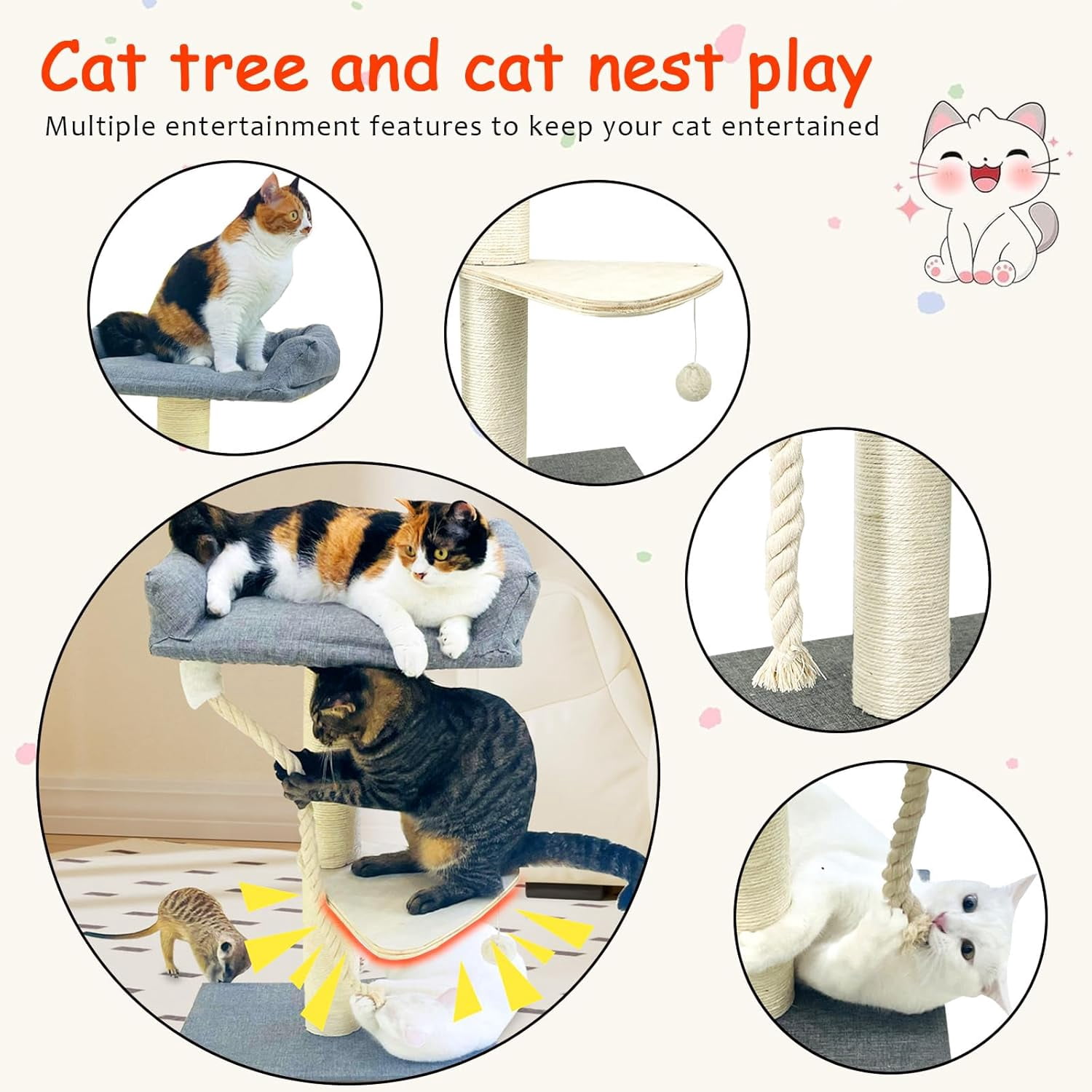 Tall Cat Tree Tower for Large Indoor Cats, 35" Sisal Scratching Post with Plush Perch, Hammock, and Spacious Bed, Stable Cat Climber in Gray