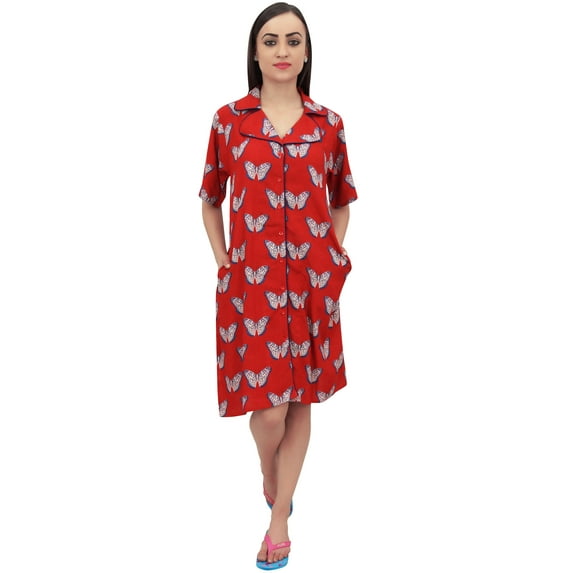 Bimba Print Red Women Short Sleeve Front Opening Sleepshirt Nightwear - 12