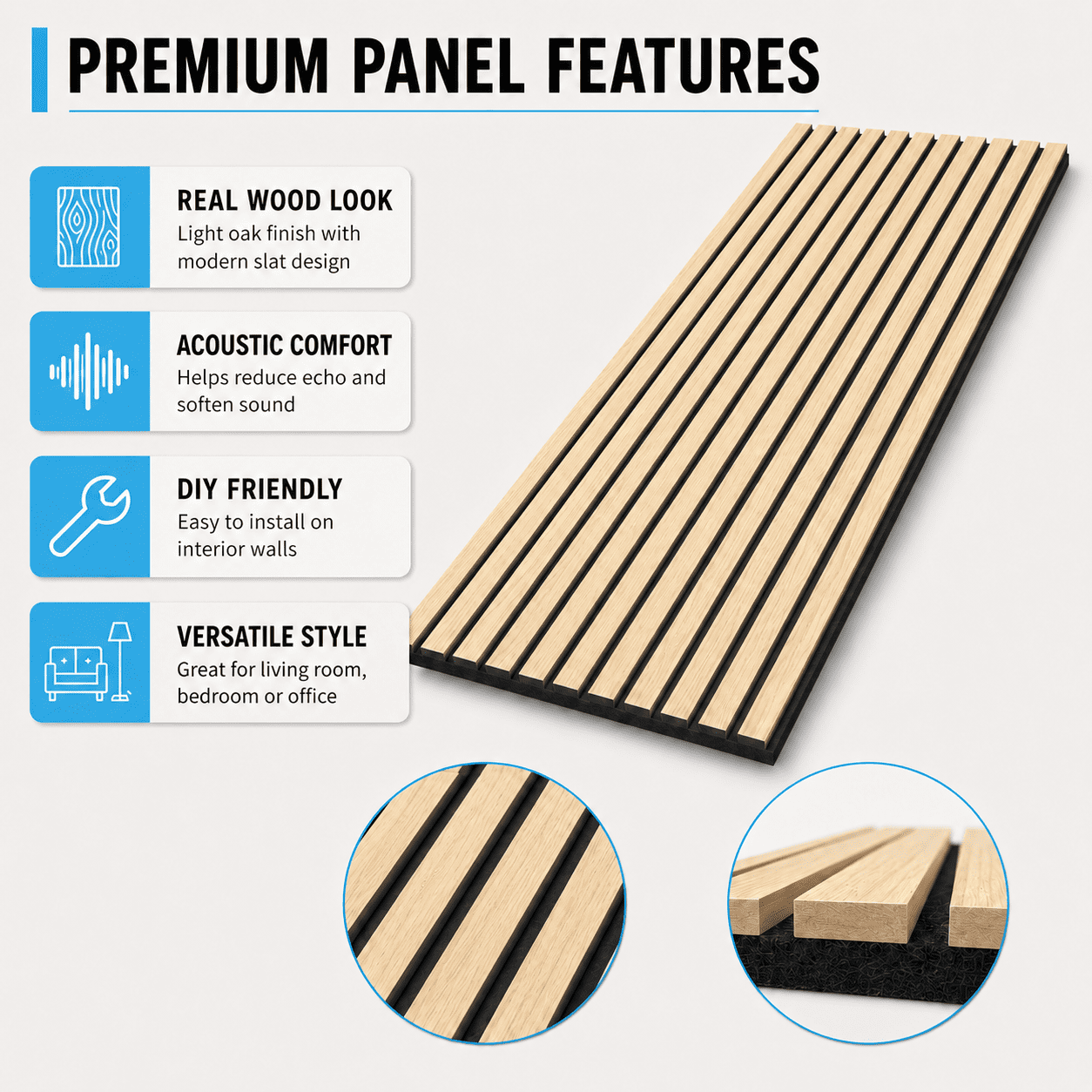 Yeslife 2 pcs Wood Slat Acoustic Wall Panels, 95.7 in x 24 in, Oak MDF, 3D Decorative Sound-Absorbing Panels for Interior Walls, 31.65 sq ft