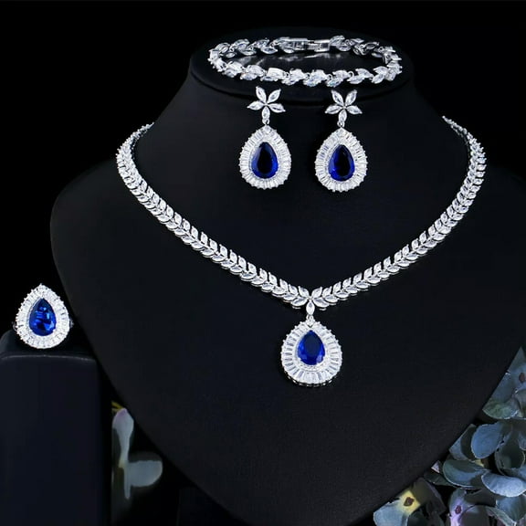 Silver Plated Blue CZ Drop Wedding Necklace Earrings Ring Bracelet Jewelry Set