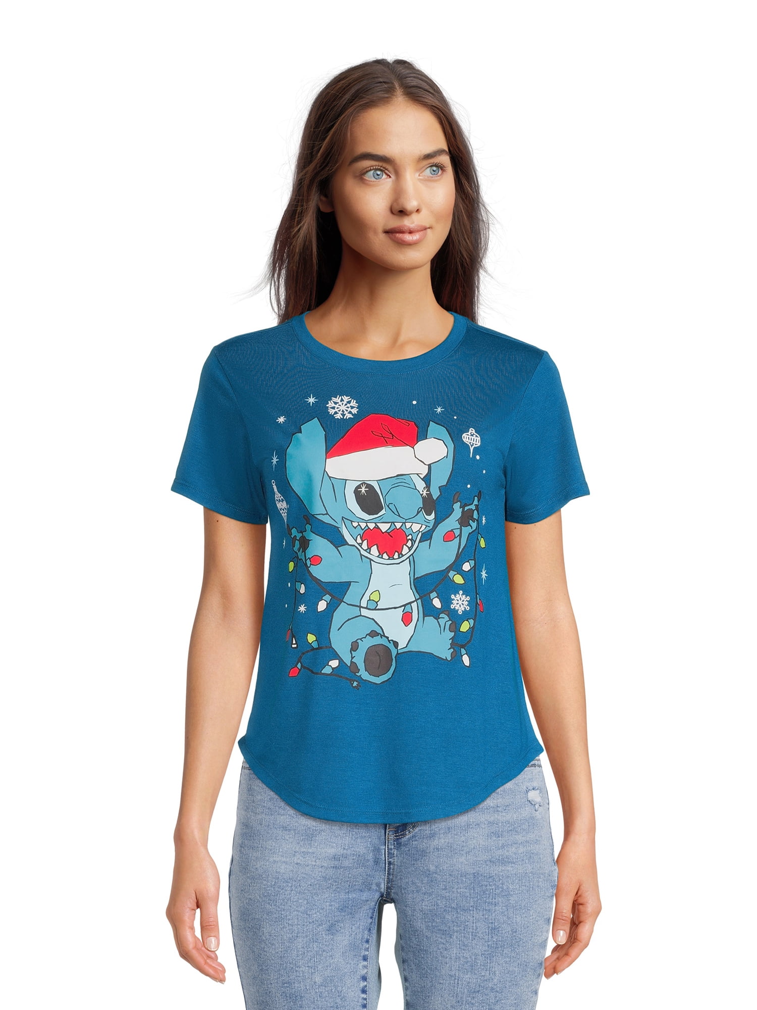 Licensed Graphics Disney Stitch Women's Juniors Short Sleeve Christmas Graphic Tee