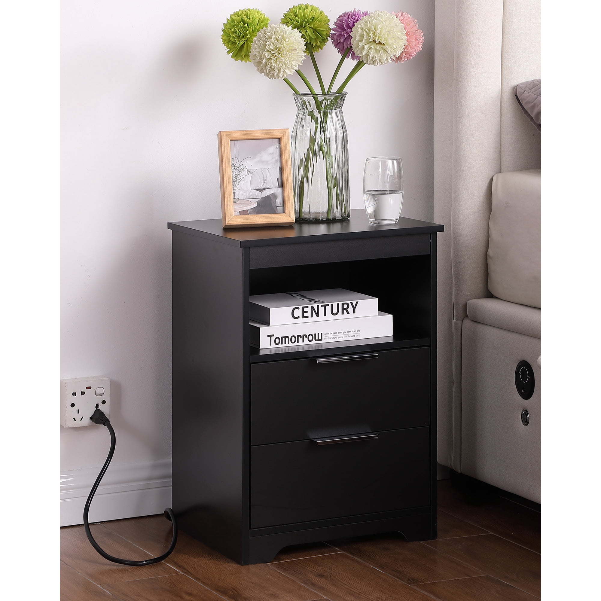 2 Drawer Small Nightstand with Charging Station,Wooden End Table with Drawer and Opening Shelf,Side Table for Bedroom Living Room Dorm Office,Black