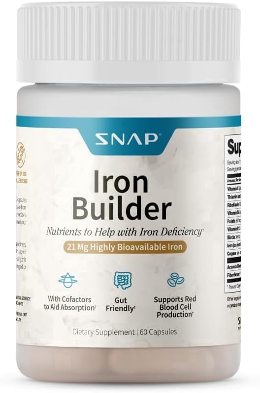 Snap Supplements Iron Builder Pills, Raise Iron Levels & Blood Builder, Easy Swallow, 60 Count, 2 Pack