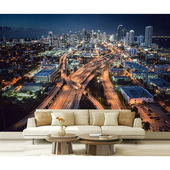 Peel and Stick Wallpaper Waterproof Miami downtown aerial view night Wall Mural Decor Self Adhesive and Removable 69in x 98in