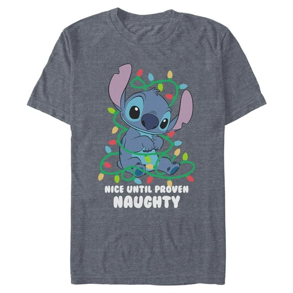 Mens Lilo & Stitch Nice Until Proven Naughty Christmas Lights T Shirt