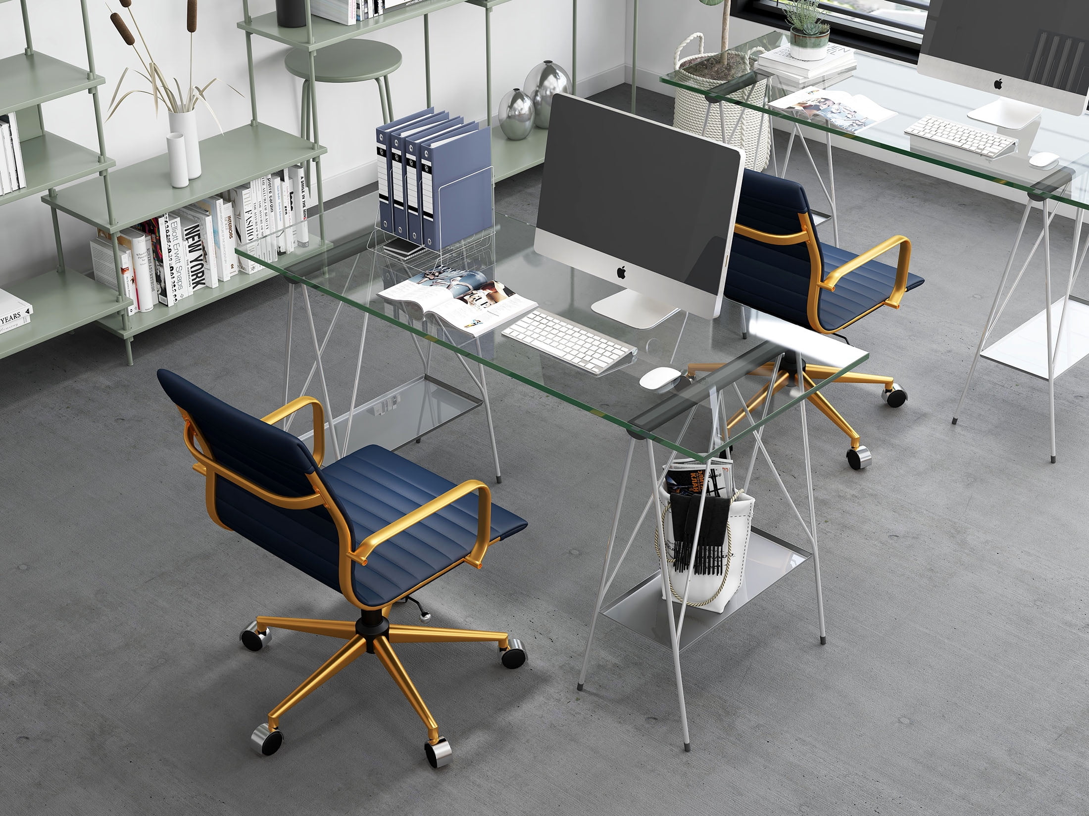 LUXMOD® Mid Back Gold Office Chair in Blue Leather, Adjustable Swivel Chair in Durable Vegan Leather, Ergonomic Desk Chair for Extra Back & Lumbar Support, Modern Executive Chair
