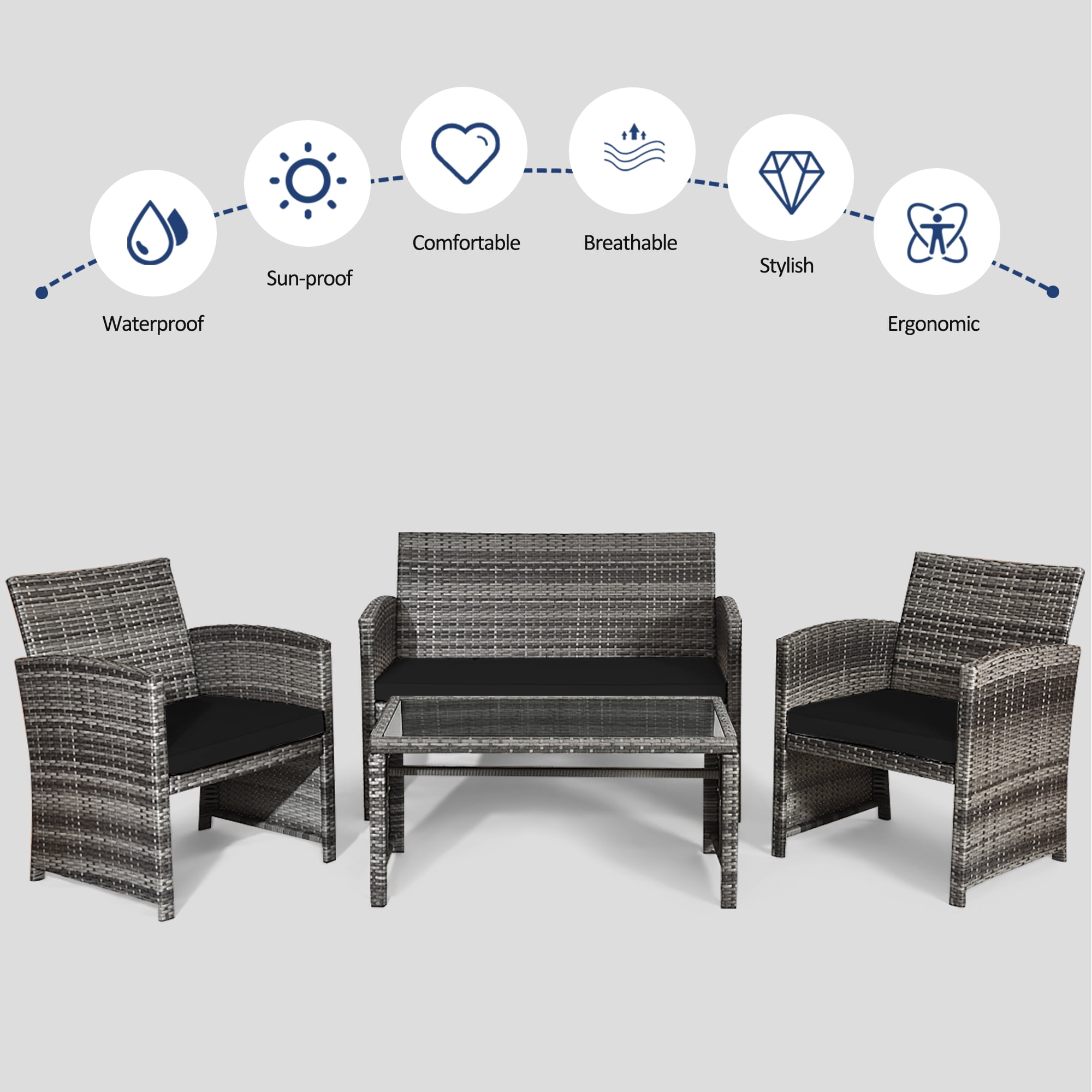 Costway 4PCS Patio Rattan Furniture Set Conversation Glass Table Top Sofa Cushioned, Black