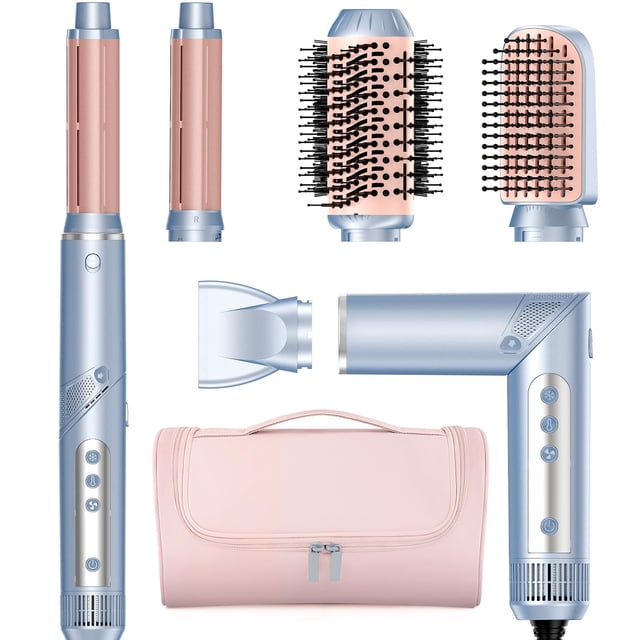 Hot Air Hair Multi-Styler - Juego de estilizador profesional 5 en 1 con rizadores de aire, secador de pelo, cepillo alisador concentrador para secado rápido, rizador, alisado, estuche de viaje incluid